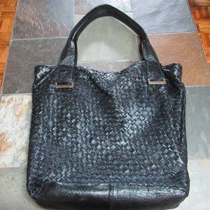 Elliot Lucca Black Leather Woven Tote Bag